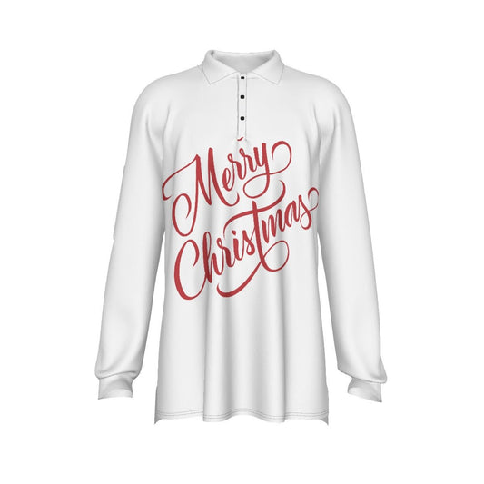 Men's Long Sleeve Christmas Polo Shirt - Merry Christmas - White - Festive Style