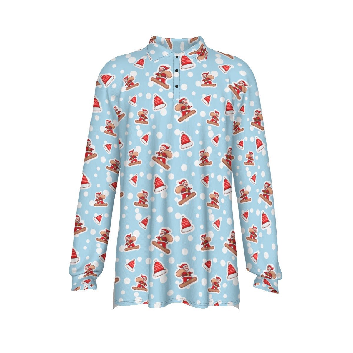 Men's Long Sleeve Christmas Polo Shirt - Santa Snowboarding - Festive Style