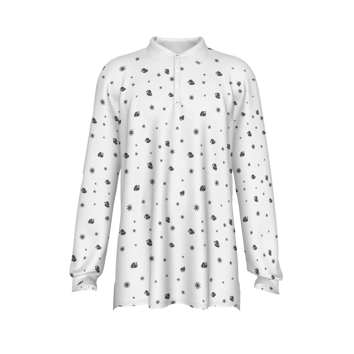 Men's Long Sleeve Christmas Polo Shirt - Snowflakes and Hats - Festive Style