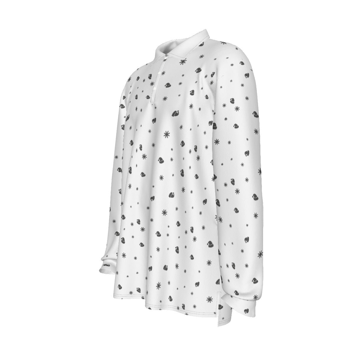 Men's Long Sleeve Christmas Polo Shirt - Snowflakes and Hats - Festive Style