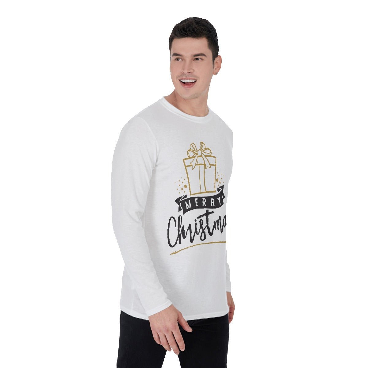 Men's Long Sleeve Christmas T-Shirt - Merry Christmas - Gold Present - Festive Style