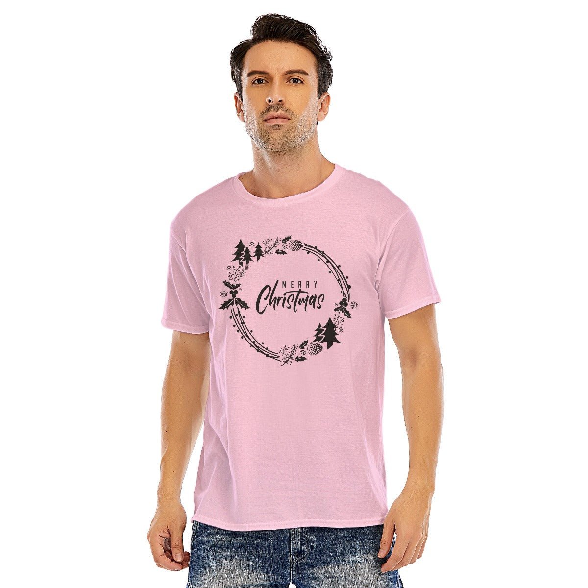Mens Short Sleeve Christmas Tee - Simple Wreath - Black - Festive Style