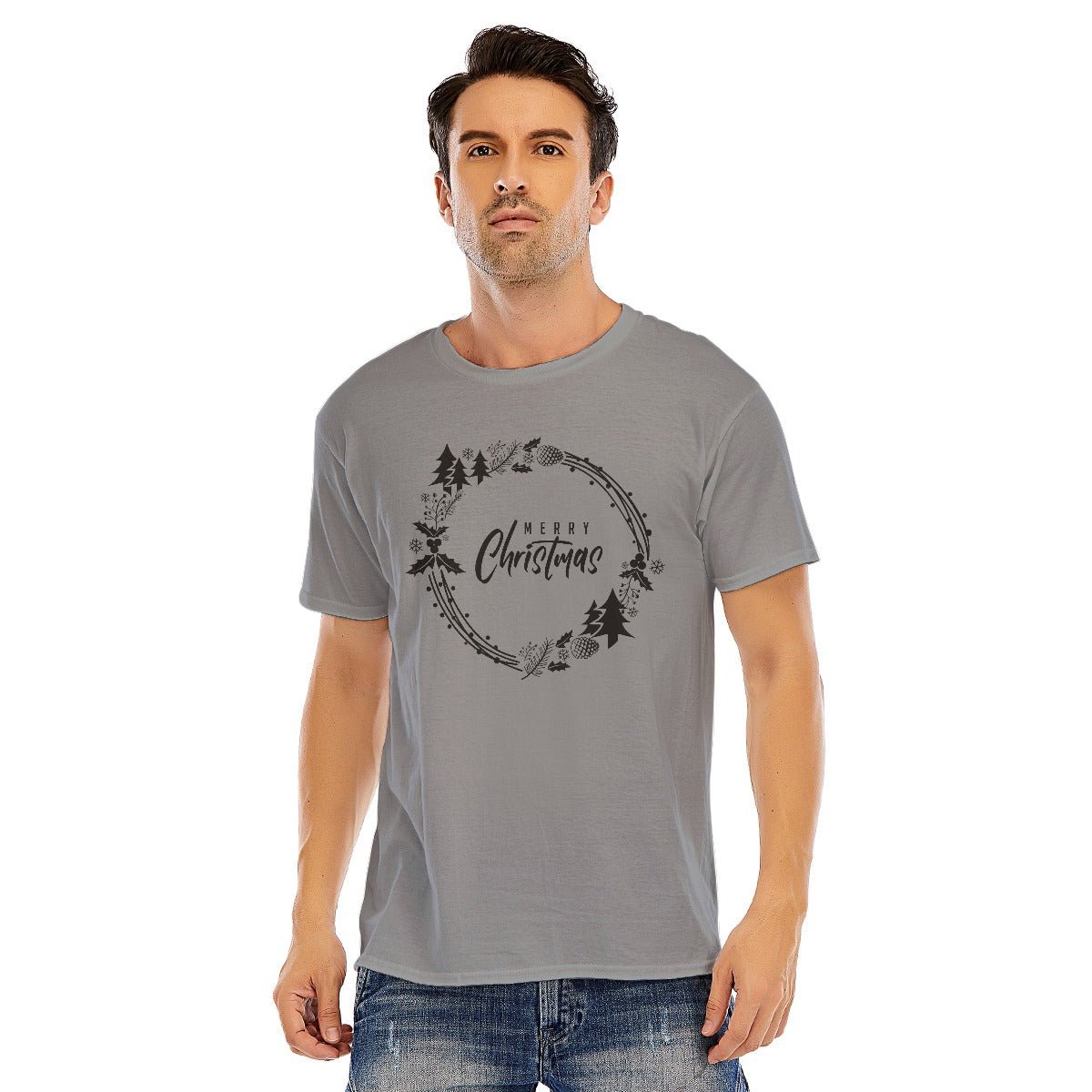 Mens Short Sleeve Christmas Tee - Simple Wreath - Black - Festive Style