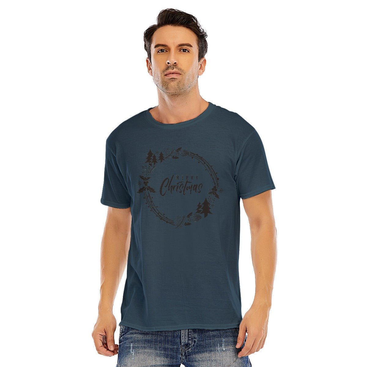 Mens Short Sleeve Christmas Tee - Simple Wreath - Black - Festive Style