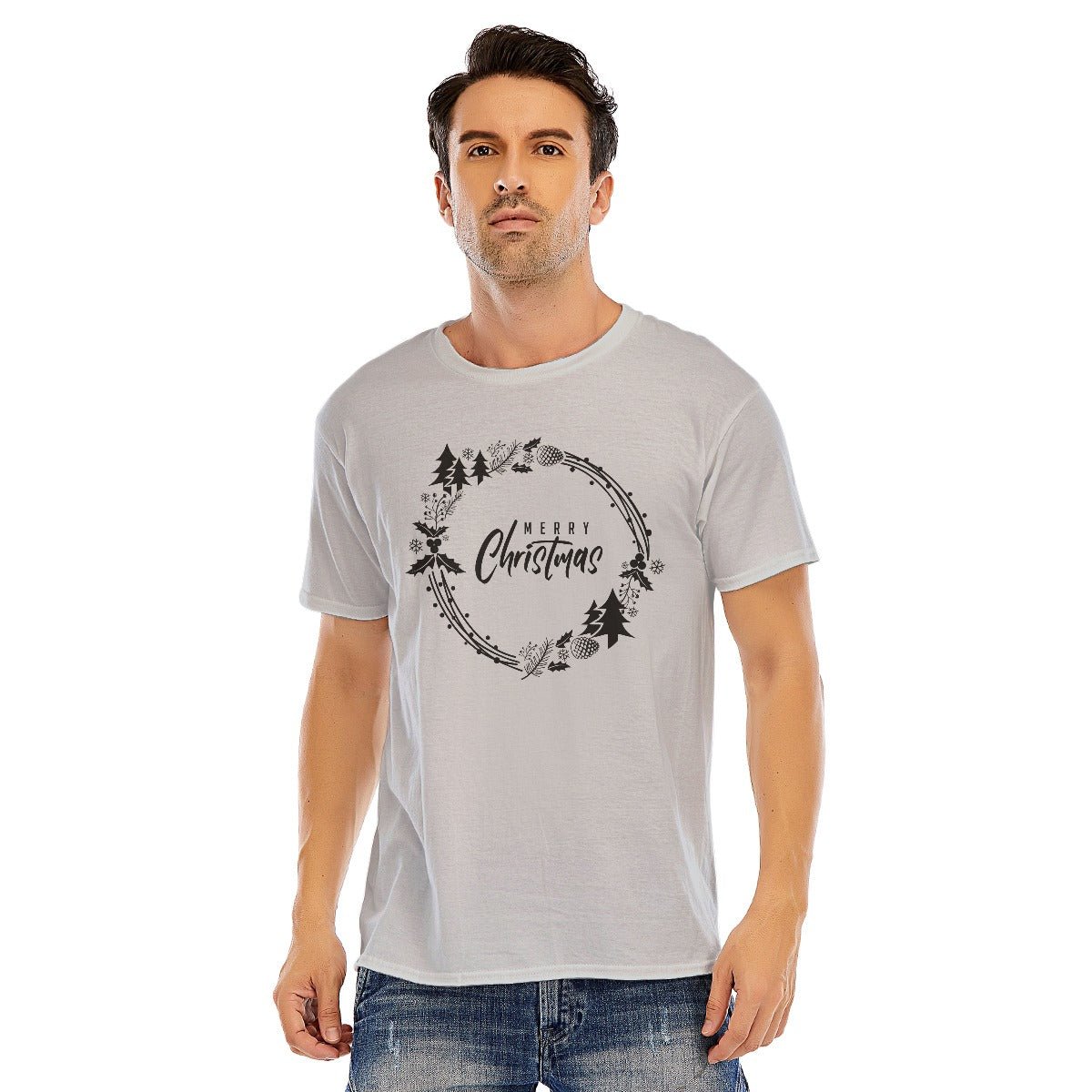 Mens Short Sleeve Christmas Tee - Simple Wreath - Black - Festive Style