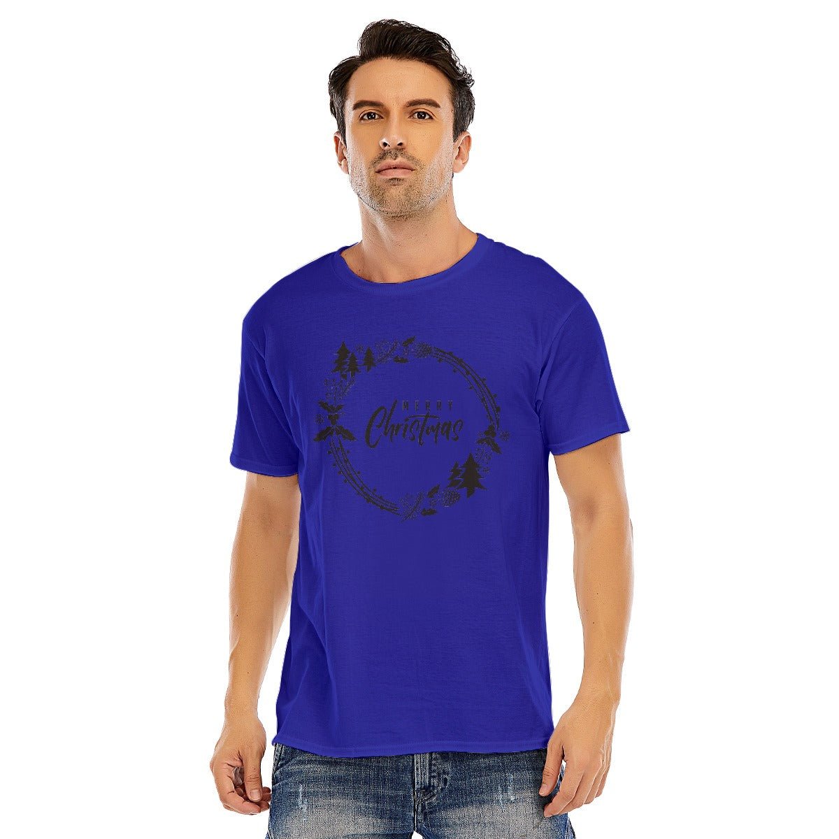Mens Short Sleeve Christmas Tee - Simple Wreath - Black - Festive Style
