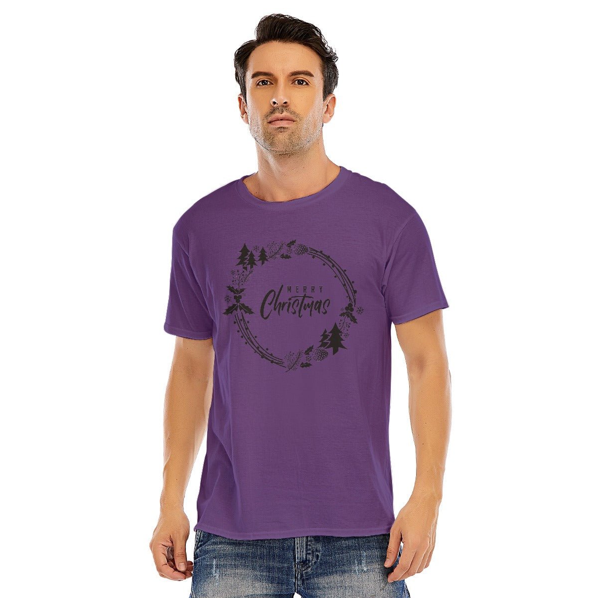 Mens Short Sleeve Christmas Tee - Simple Wreath - Black - Festive Style