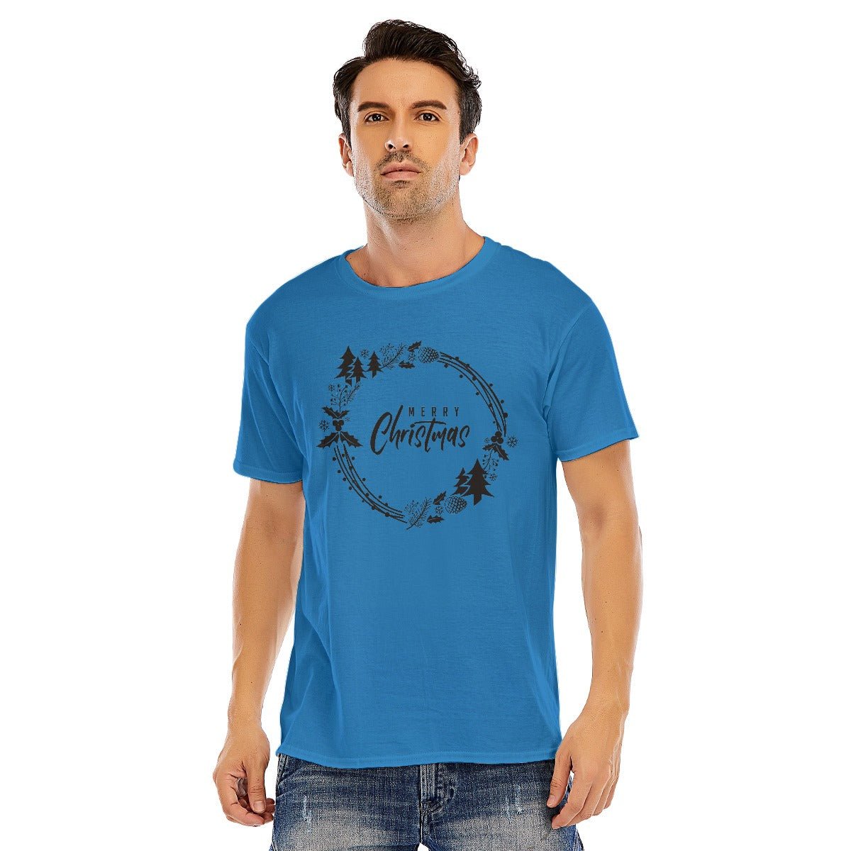 Mens Short Sleeve Christmas Tee - Simple Wreath - Black - Festive Style