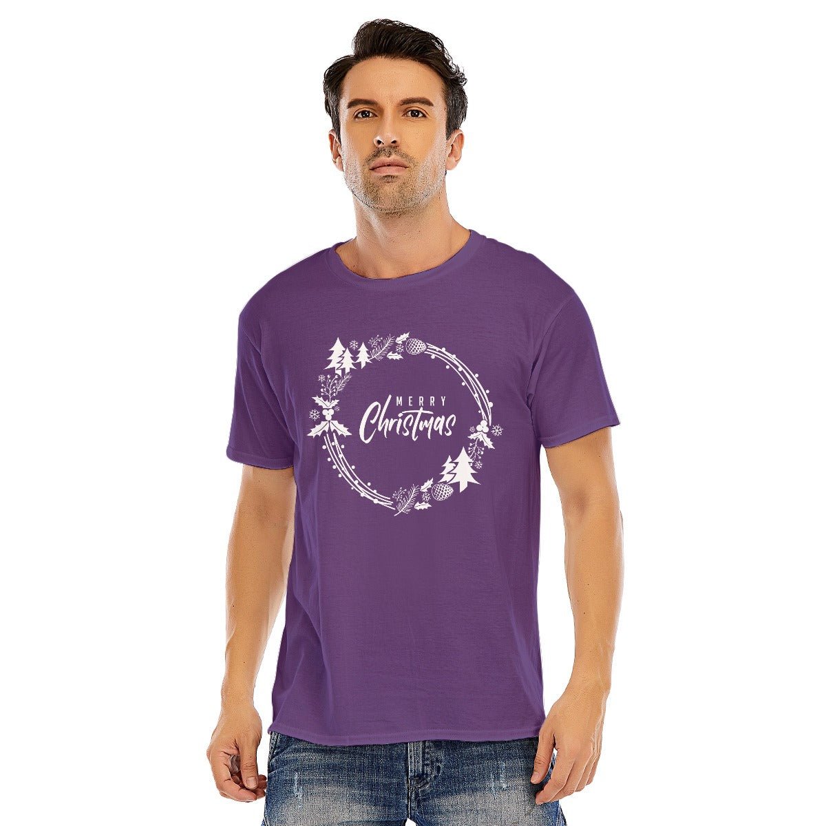 Mens Short Sleeve Christmas Tee - Simple Wreath - White - Festive Style