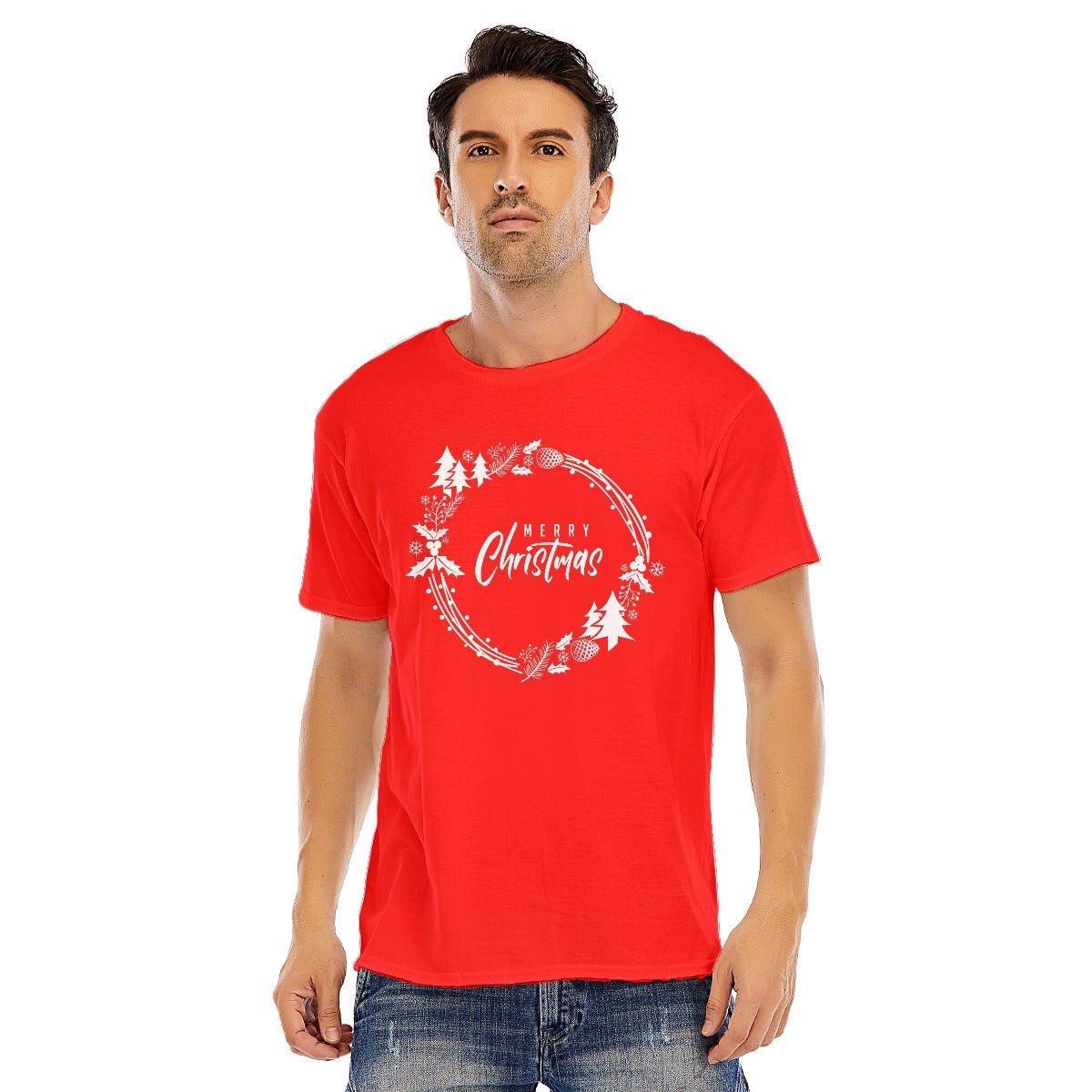 Mens Short Sleeve Christmas Tee - Simple Wreath - White - Festive Style