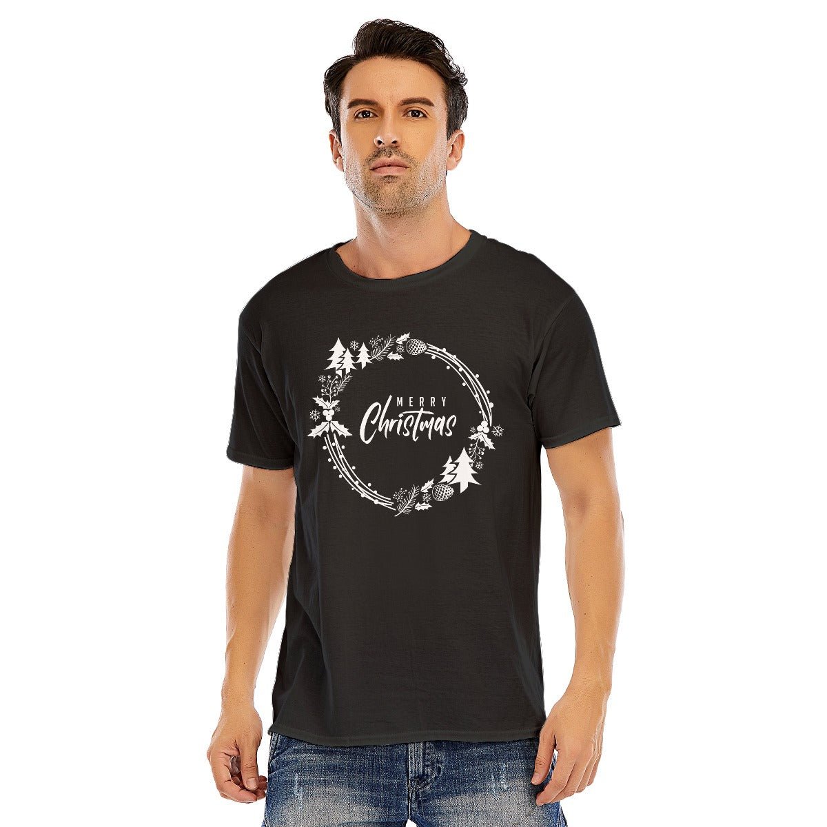 Mens Short Sleeve Christmas Tee - Simple Wreath - White - Festive Style