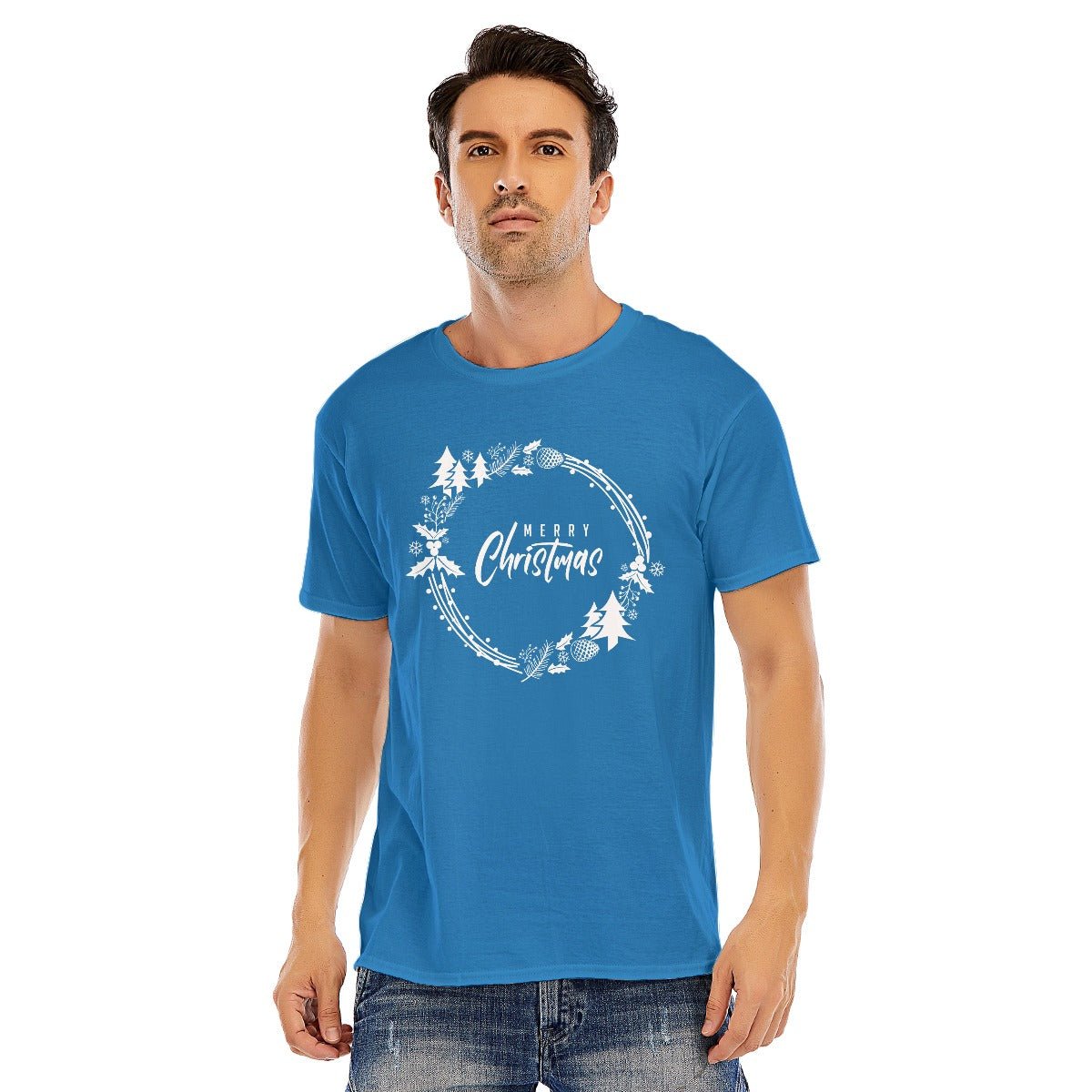 Mens Short Sleeve Christmas Tee - Simple Wreath - White - Festive Style