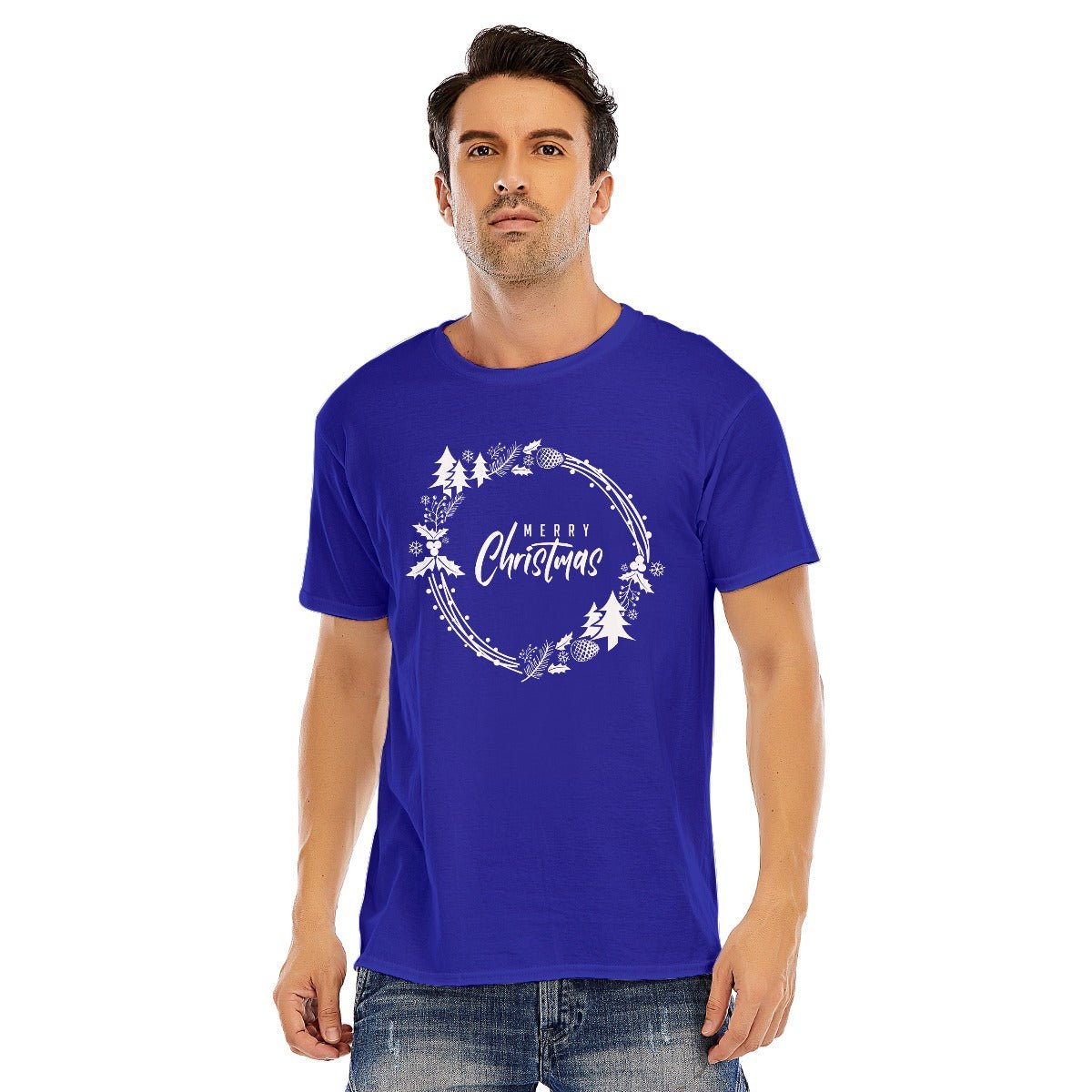 Mens Short Sleeve Christmas Tee - Simple Wreath - White - Festive Style