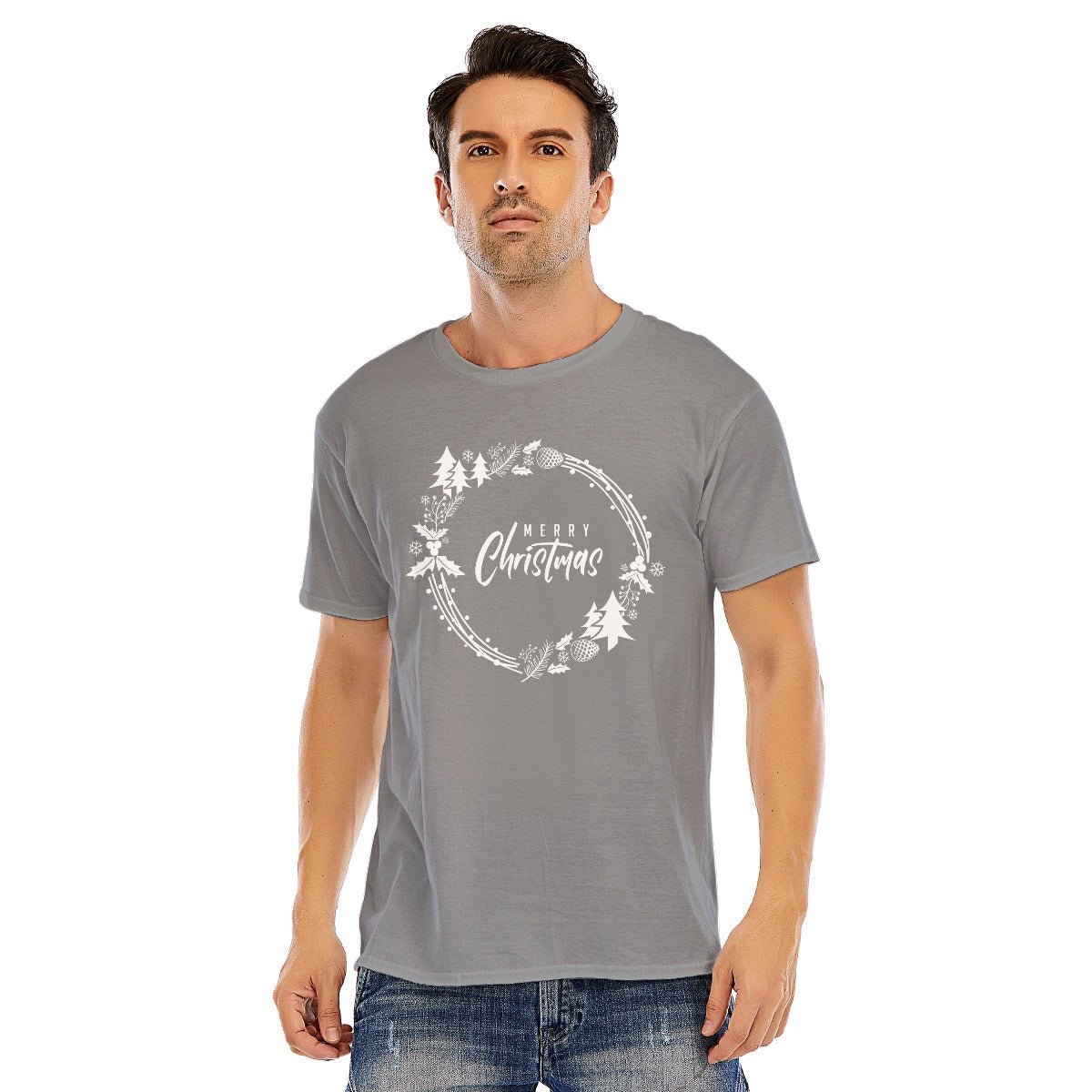 Mens Short Sleeve Christmas Tee - Simple Wreath - White - Festive Style
