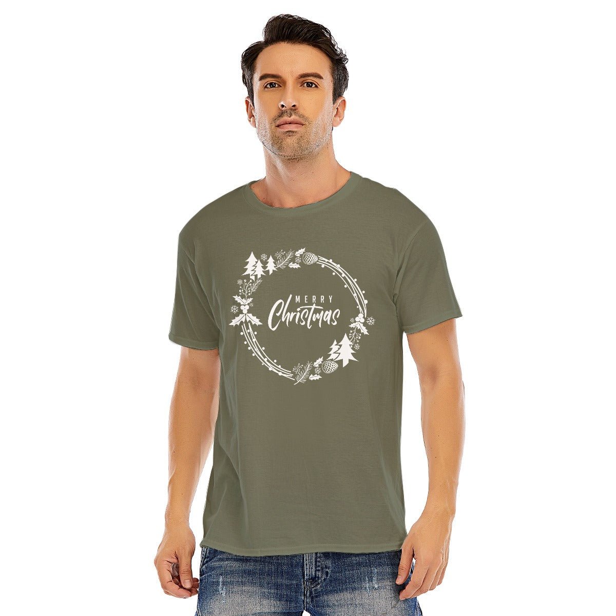 Mens Short Sleeve Christmas Tee - Simple Wreath - White - Festive Style