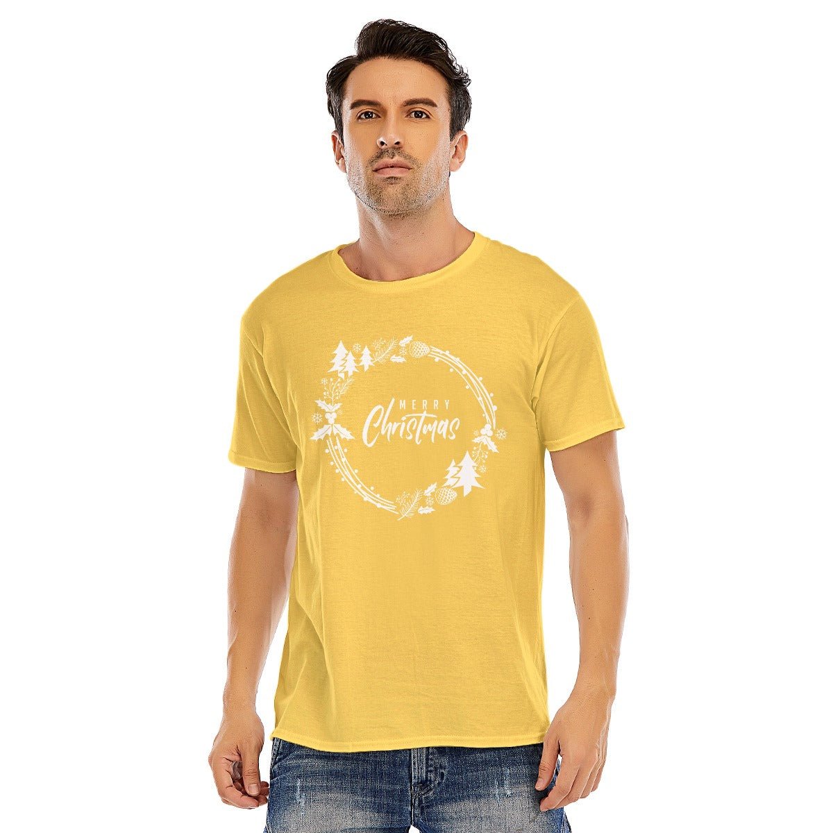 Mens Short Sleeve Christmas Tee - Simple Wreath - White - Festive Style