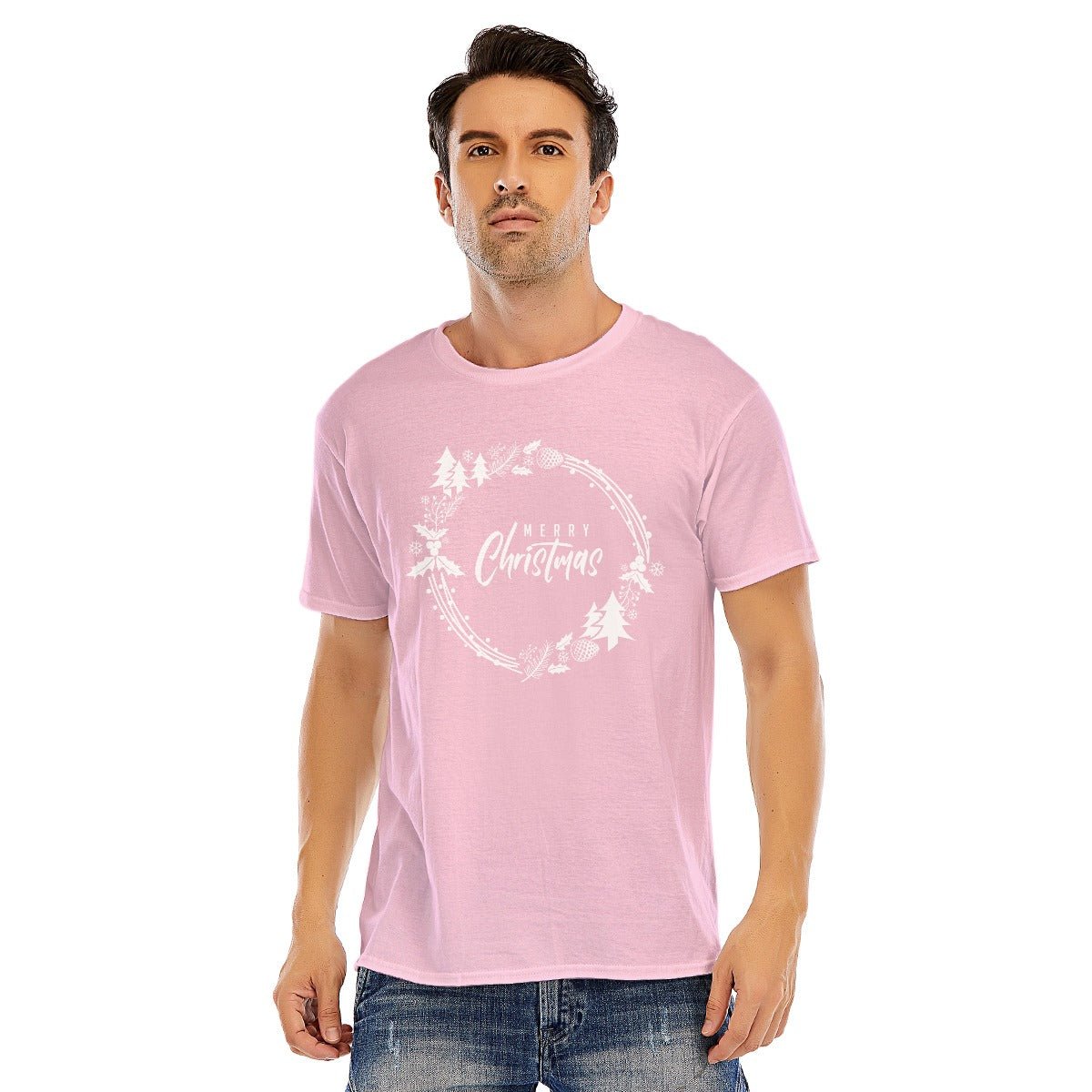 Mens Short Sleeve Christmas Tee - Simple Wreath - White - Festive Style