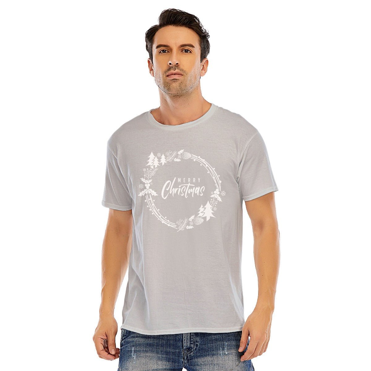 Mens Short Sleeve Christmas Tee - Simple Wreath - White - Festive Style