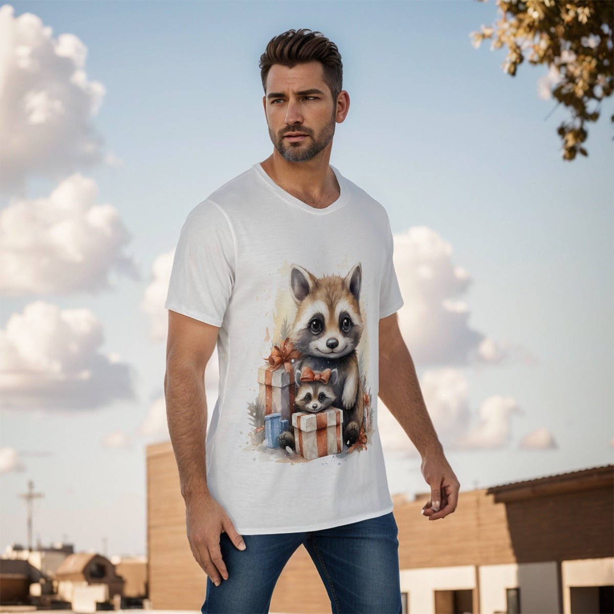 Mens Short Sleeve Christmas Tee - Watercolour Cute Raccoon - Festive Style