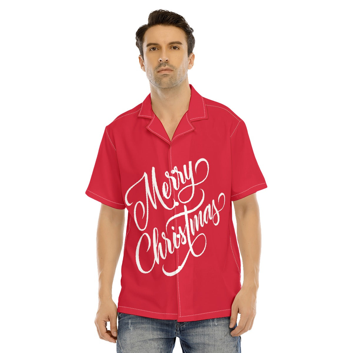 Men's Short Sleeve Christmas Shirt - Merry Christmas - Red