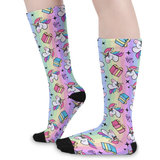 Unisex Long Socks - Rainbow Unicorns - Festive Style