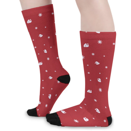 Unisex Long Socks - Red - Hats and Snowflakes - Festive Style