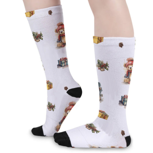 Unisex Long Socks - Watercolour Teddies - Festive Style