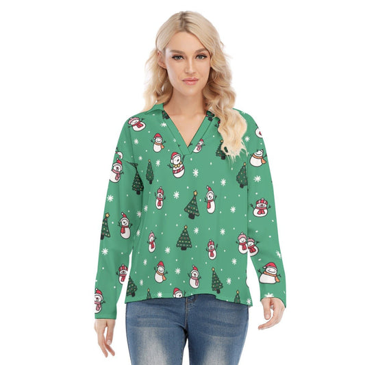 Women's Christmas Blouse - Green Snowman - Festive Style