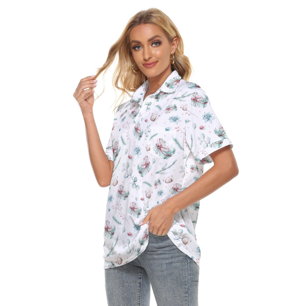 Women's Christmas Polo T-Shirt - Green Pattern - Festive Style