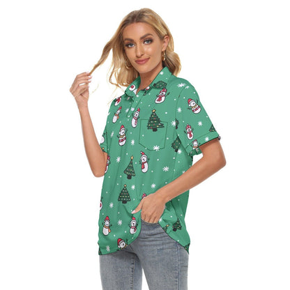 Women's Christmas Polo T-Shirt - Green Snowman - Festive Style