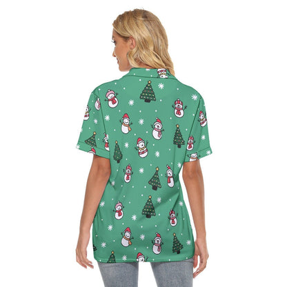 Women's Christmas Polo T-Shirt - Green Snowman - Festive Style