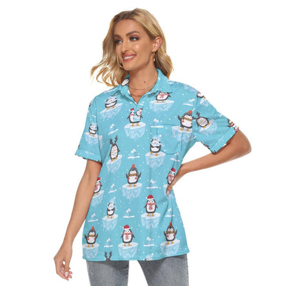 Women's Christmas Polo T-Shirt - Icy Penguins - Festive Style