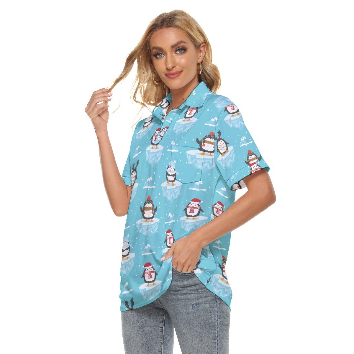 Women's Christmas Polo T-Shirt - Icy Penguins - Festive Style