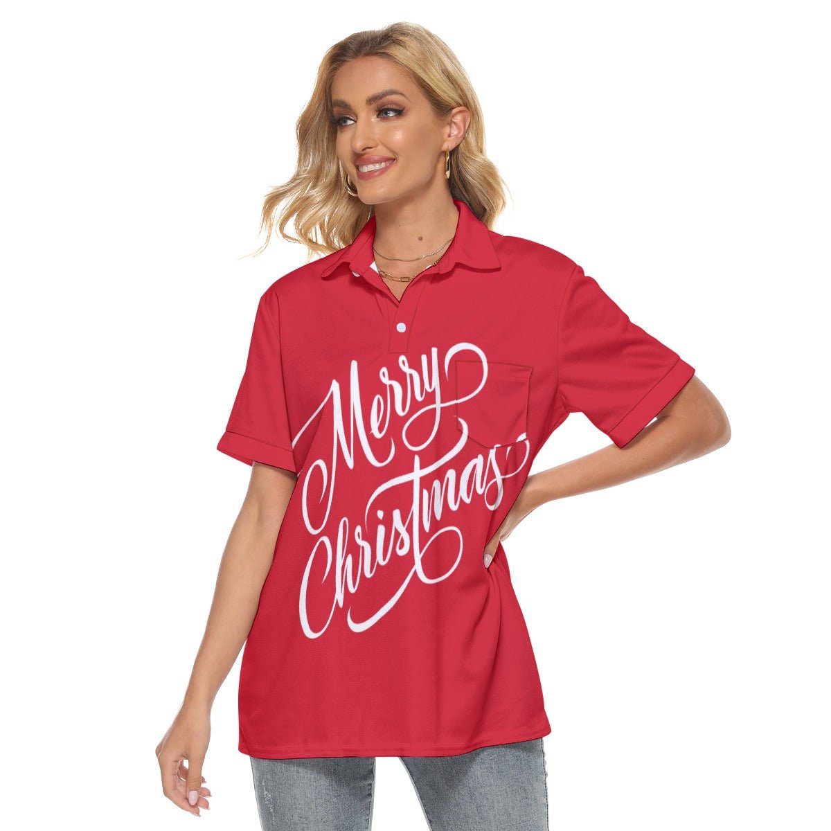 Women's Christmas Polo T-Shirt - Merry Christmas - Red - Festive Style