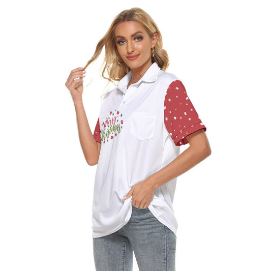 Women's Christmas Polo T-Shirt - Merry Christmas - Red Sleeves - Festive Style