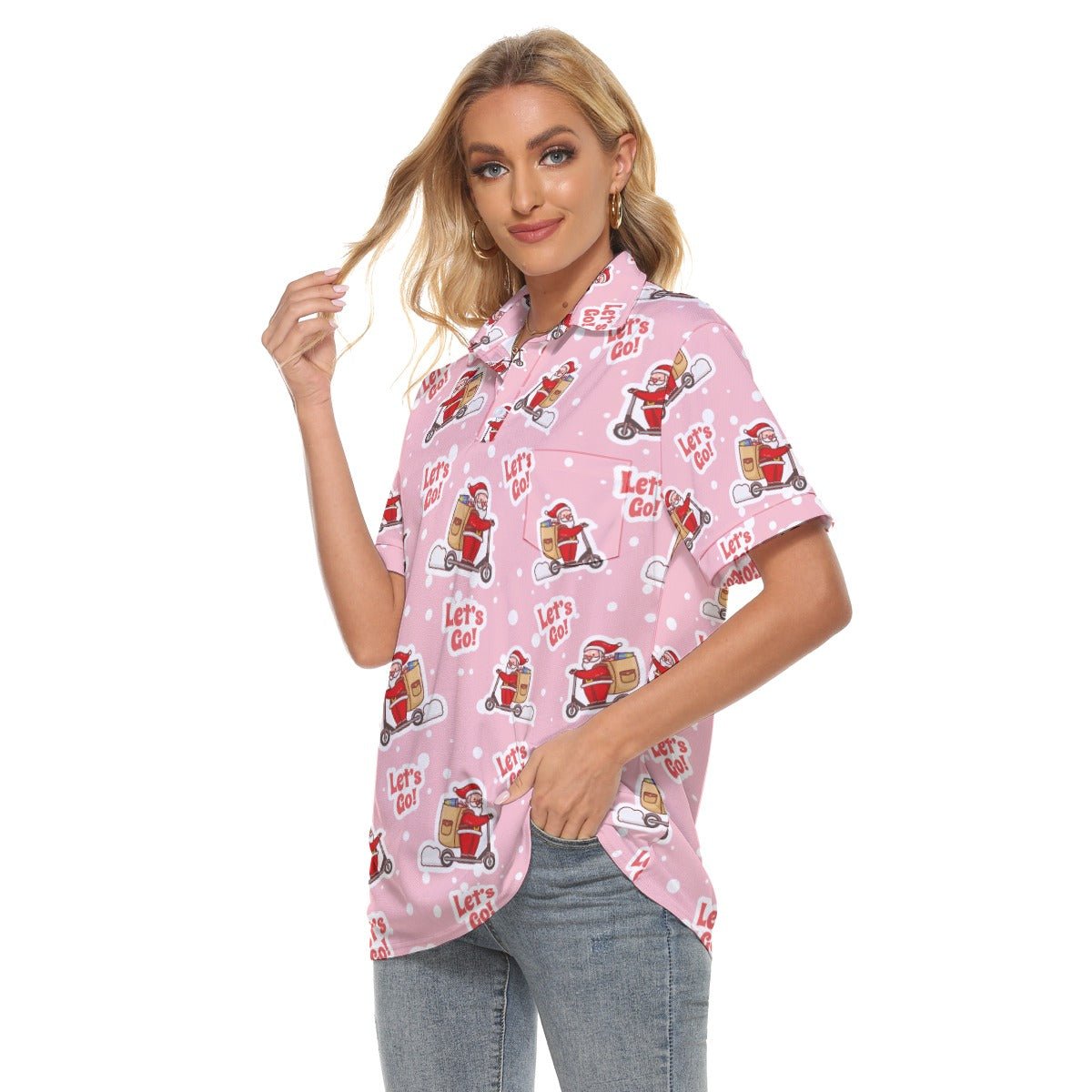 Women's Christmas Polo T-Shirt - Pink "Let's Go" - Festive Style