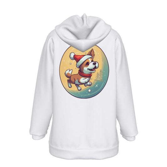 Women's Fleece Christmas Hoodie - Front and Back - Dog and Moon - Festive Style