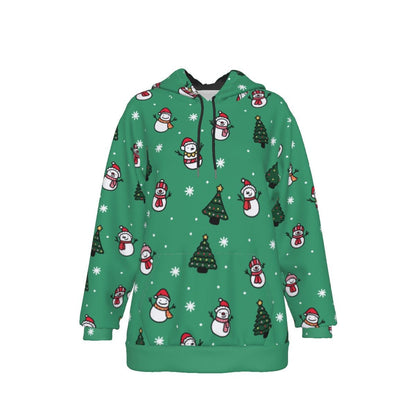 Women's Fleece Christmas Hoodie- Green Snowman - Festive Style
