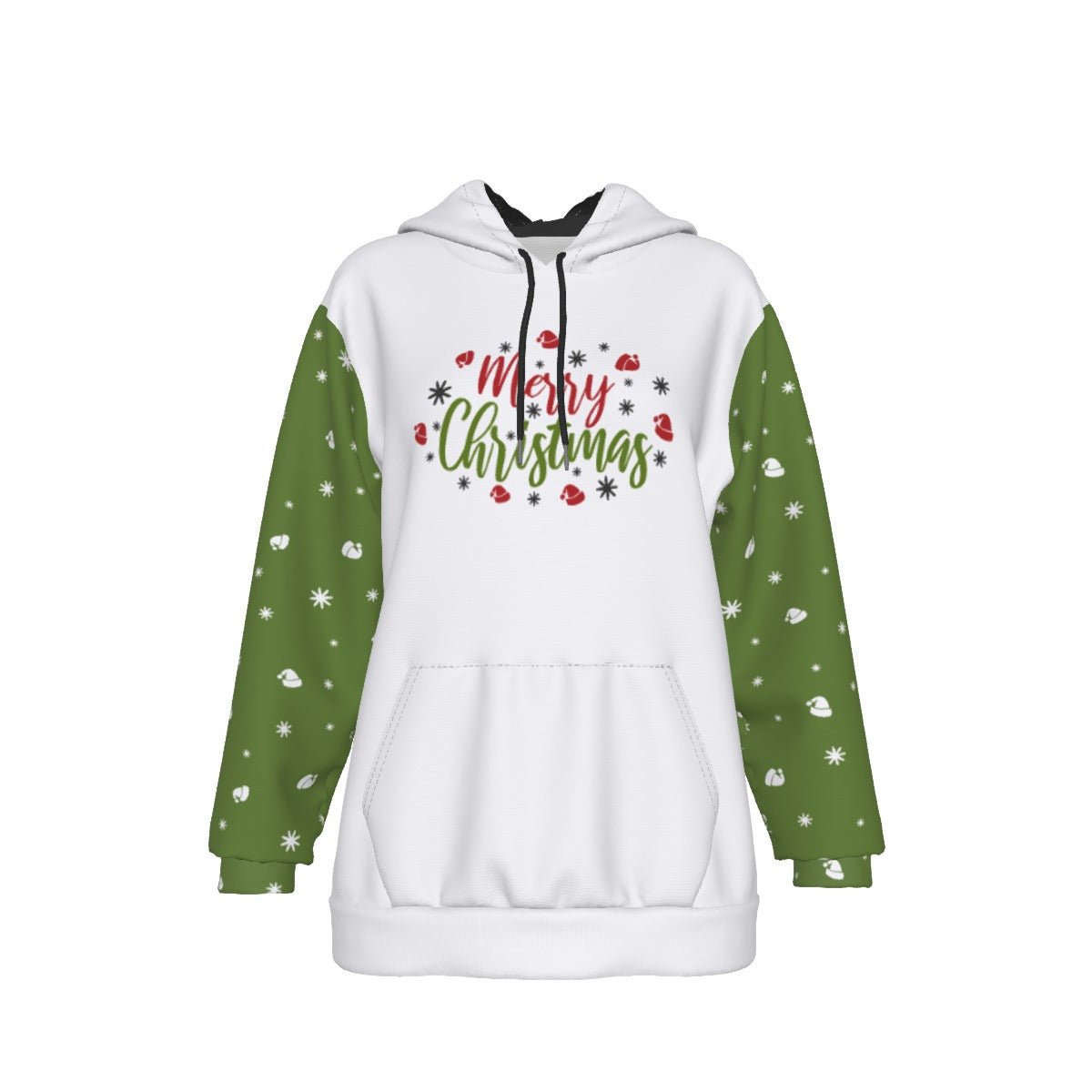 Women's Fleece Christmas Hoodie - Merry Christmas - Green Sleeves - Festive Style