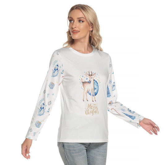 Women's Long Sleeve Christmas T-shirt - Blue Reindeer - Festive Style