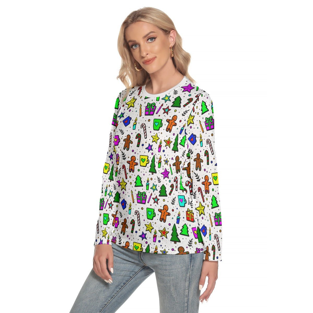Women's Long Sleeve Christmas T-shirt - Bright Doodle - Festive Style