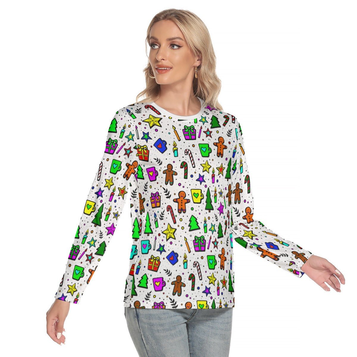 Women's Long Sleeve Christmas T-shirt - Bright Doodle - Festive Style