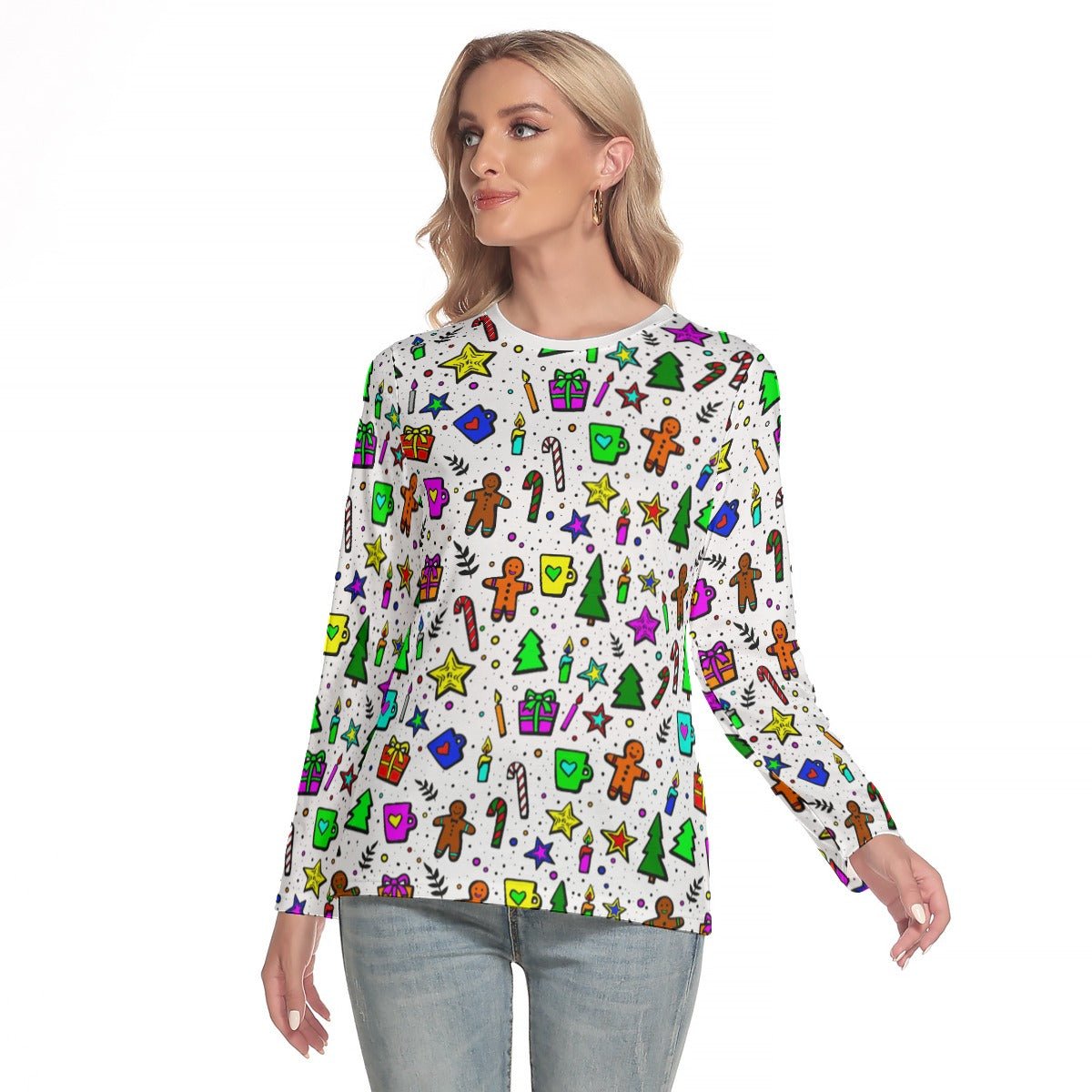 Women's Long Sleeve Christmas T-shirt - Bright Doodle - Festive Style