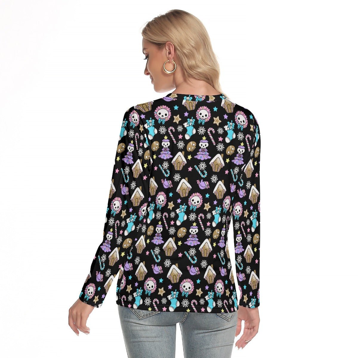 Women's Long Sleeve Christmas T-shirt - Creepy Kawaii - Black - Festive Style
