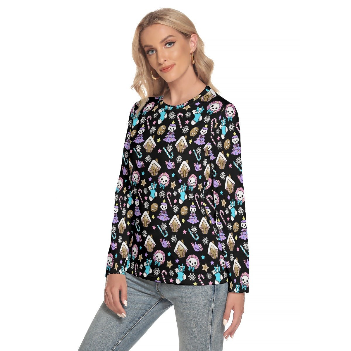 Women's Long Sleeve Christmas T-shirt - Creepy Kawaii - Black - Festive Style