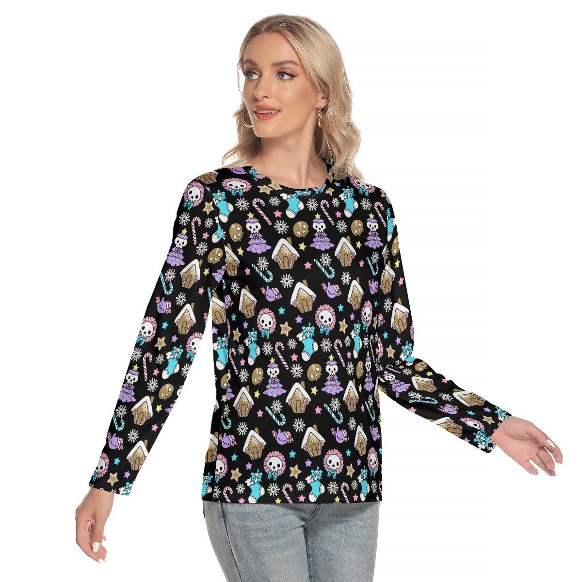 Women's Long Sleeve Christmas T-shirt - Creepy Kawaii - Black - Festive Style