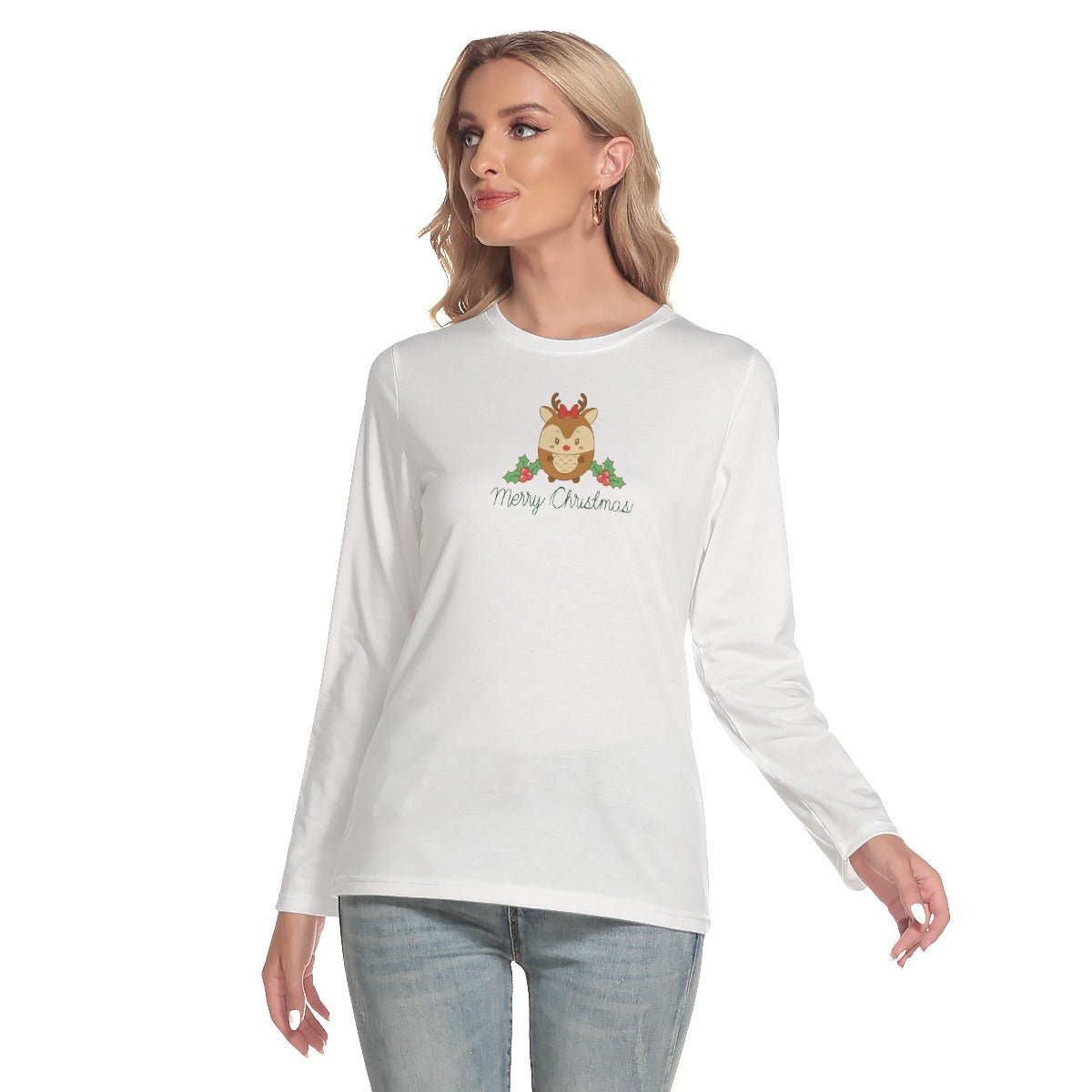 Women's Long Sleeve Christmas T-shirt - Cute Reindeer - Festive Style