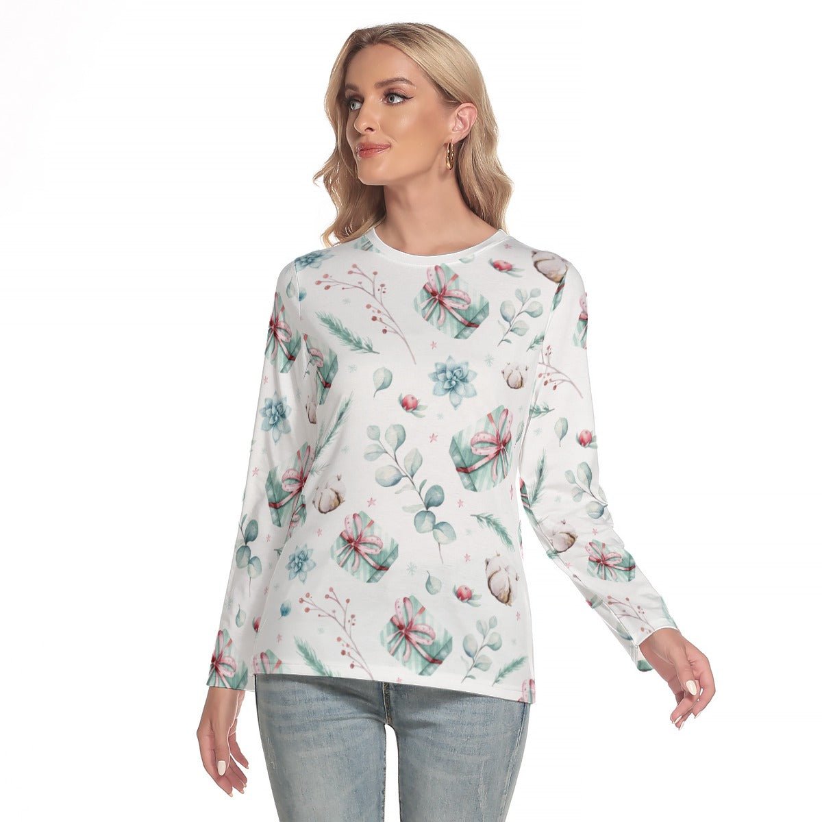 Women's Long Sleeve Christmas T-shirt - Green Pattern - Festive Style