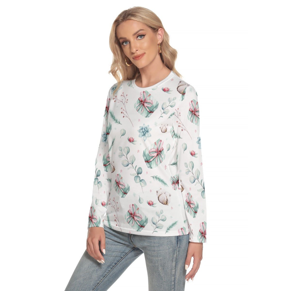 Women's Long Sleeve Christmas T-shirt - Green Pattern - Festive Style
