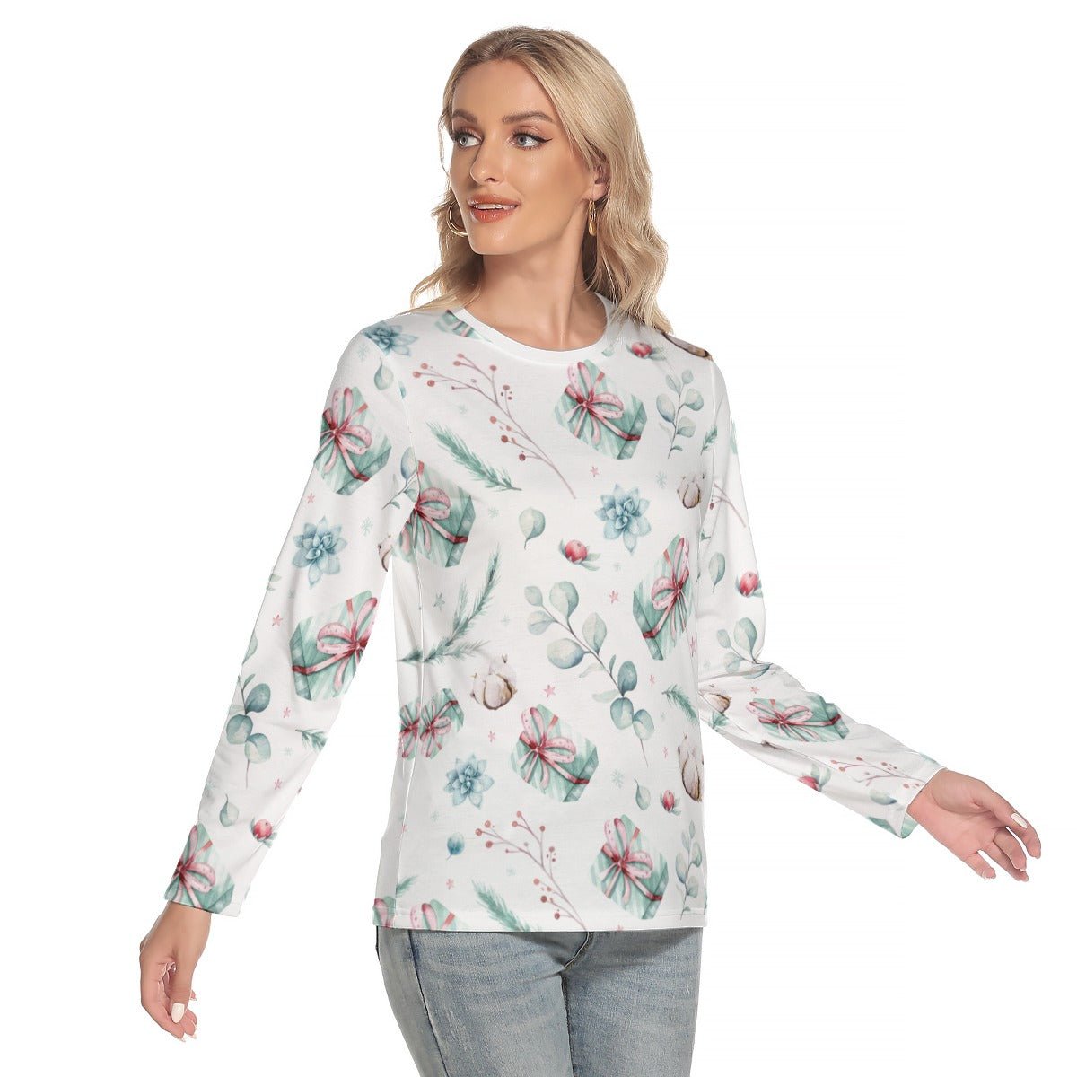 Women's Long Sleeve Christmas T-shirt - Green Pattern - Festive Style